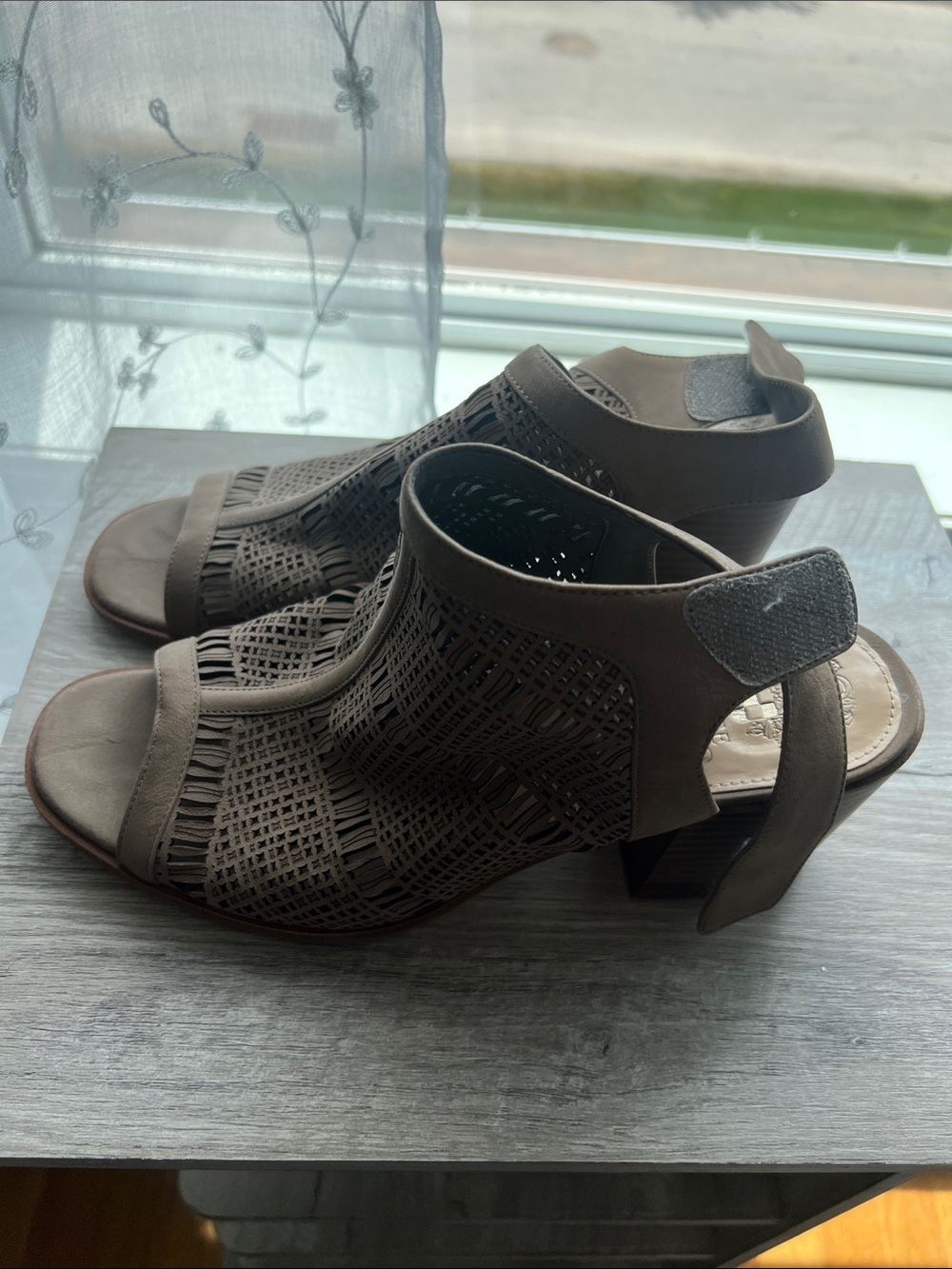 Vince Camuto Taupe Laser-Cut Block Heel Sandals